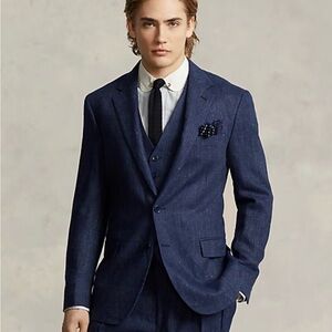 Polo by Ralph Lauren Navy Blue Linen Three-Piece Suit with Waistcoat 40S
